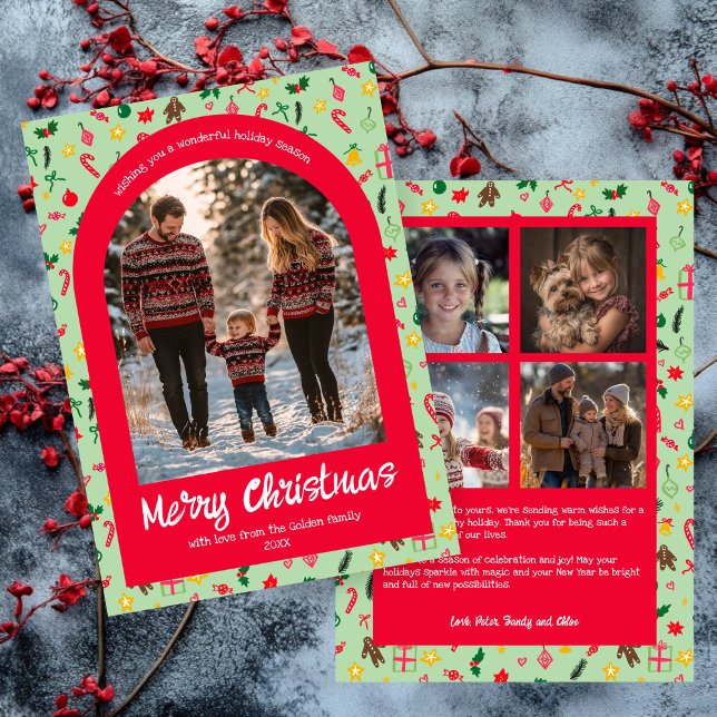 Whimsique Doodle-Anpassningsbarna Arch 5 Photo Julkort (Whimsical Doodle Christmas Custom Arch 5 Photo Holiday Card
)