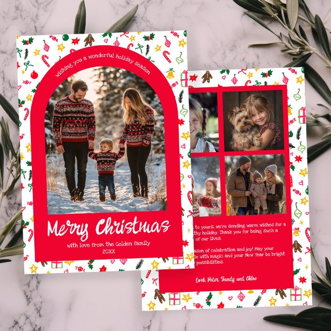 Whimsique Doodle-Anpassningsbarna Arch 5 Photo Julkort (Whimsical Doodle Christmas Custom Arch 5 Photo Collage Holiday Card
)