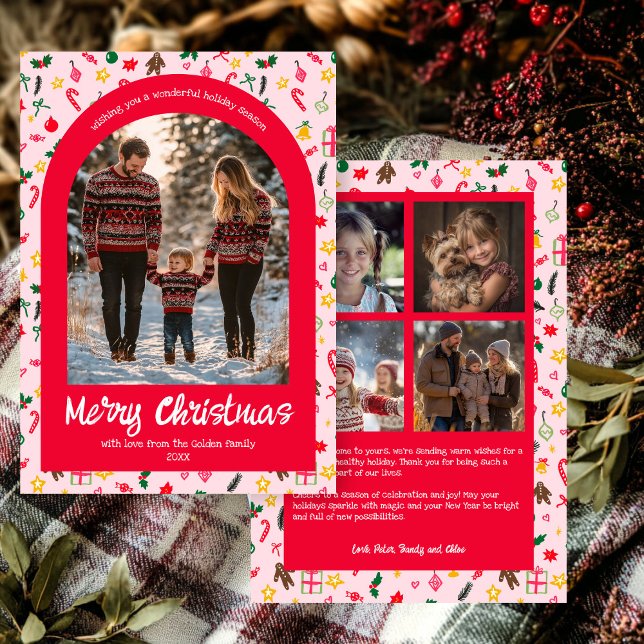 Whimsique Doodle-Anpassningsbarna Arch 5 Photo Julkort (Whimsical Doodle Christmas Custom Arch 5 Photo Holiday Pink Card
)