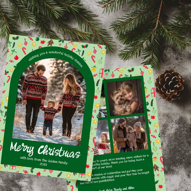 Whimsique Doodle-Anpassningsbarna Arch 5 Photo Julkort (Whimsical Doodle Christmas Custom Arch 5 Photo Green Holiday Card
)