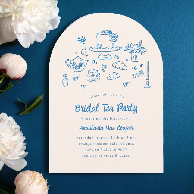 Whimsique Doodle Hand plockade Möhippa Tea Party Inbjudningar (charming bridal tea party invitation with hand-drawn illustrations of cake, tea pot, tea cups, etc.)