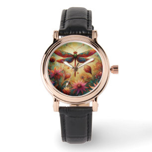 Whimsique Dragonfly Blommigt Abstrakt Art Teal Ros Armbandsur