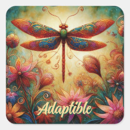 Whimsique Dragonfly Blommigt Abstrakt Art Teal Ros Fyrkantigt Klistermärke