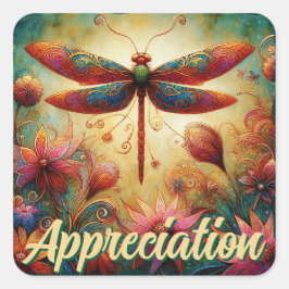 Whimsique Dragonfly Blommigt Abstrakt Art Teal Ros Fyrkantigt Klistermärke