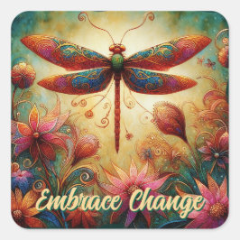 Whimsique Dragonfly Blommigt Abstrakt Art Teal Ros Fyrkantigt Klistermärke