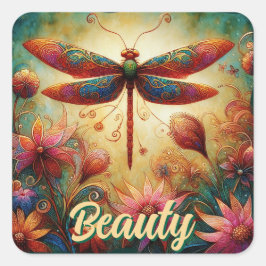 Whimsique Dragonfly Blommigt Abstrakt Art Teal Ros Fyrkantigt Klistermärke