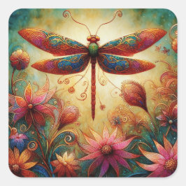 Whimsique Dragonfly Blommigt Abstrakt Art Teal Ros Fyrkantigt Klistermärke