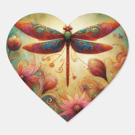Whimsique Dragonfly Blommigt Abstrakt Art Teal Ros Hjärtformat Klistermärke
