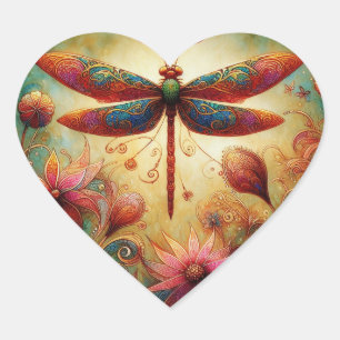 Whimsique Dragonfly Blommigt Abstrakt Art Teal Ros Hjärtformat Klistermärke