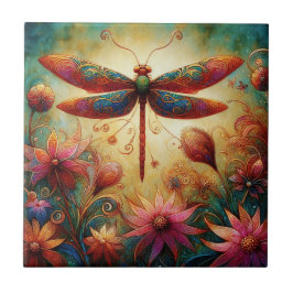 Whimsique Dragonfly Blommigt Abstrakt Art Teal Ros Kakelplatta