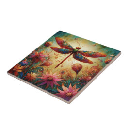 Whimsique Dragonfly Blommigt Abstrakt Art Teal Ros Kakelplatta
