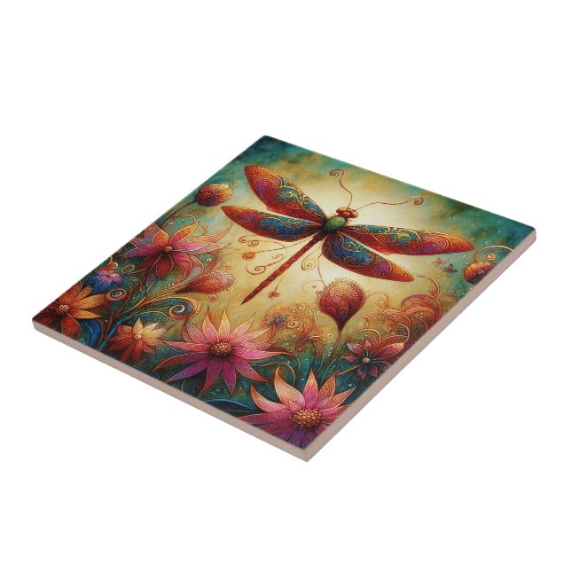Whimsique Dragonfly Blommigt Abstrakt Art Teal Ros Kakelplatta (Sidan)