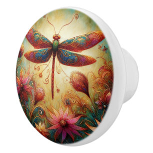 Whimsique Dragonfly Blommigt Abstrakt Art Teal Ros Knopp