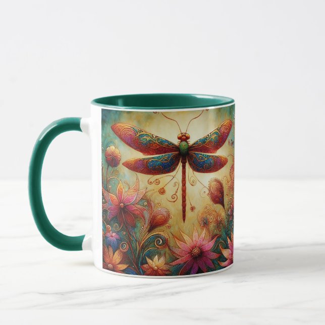 Whimsique Dragonfly Blommigt Abstrakt Art Teal Ros Mugg (Vänster)