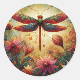 Whimsique Dragonfly Blommigt Abstrakt Art Teal Ros Runt Klistermärke