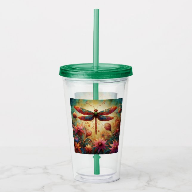Whimsique Dragonfly Blommigt Abstrakt Art Teal Ros Take Away Mugg (Framsida)