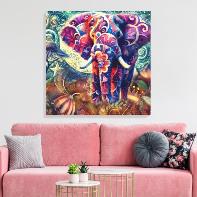 Whimsique Elephant vid Nattblå Lila Stars Måne Canvastryck (Insitu (Vardagsrum))