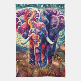 Whimsique Elephant vid Nattblå Lila Stars Måne Kökshandduk