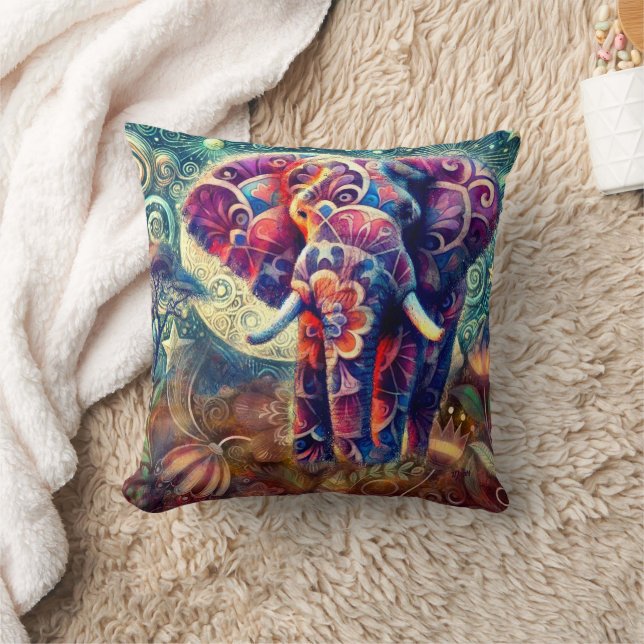 Whimsique Elephant vid Nattblå Lila Stars Måne Kudde (Filt)