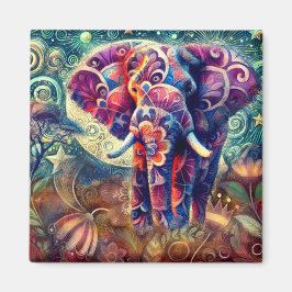 Whimsique Elephant vid Nattblå Lila Stars Måne Magnet
