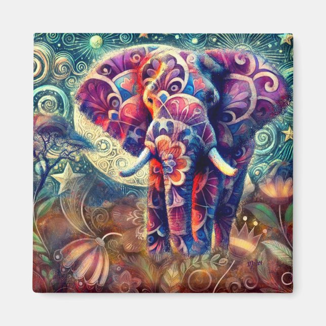 Whimsique Elephant vid Nattblå Lila Stars Måne Magnet (Framsidan)