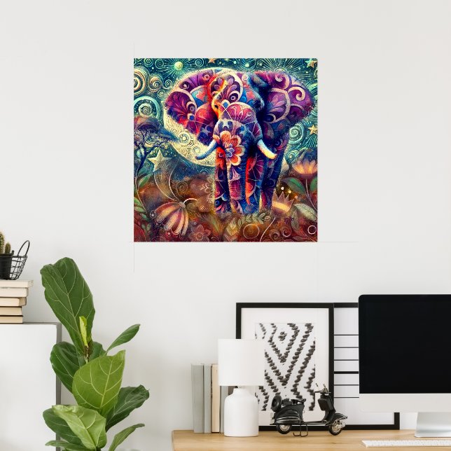 Whimsique Elephant vid Nattblå Lila Stars Måne Poster (Hemmakontoret)