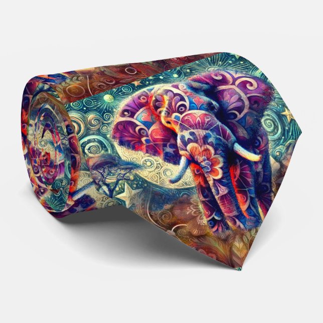 Whimsique Elephant vid Nattblå Lila Stars Måne Slips (Rullad)