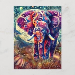 Whimsique Elephant vid Nattblå Lila Stars Måne Vykort
