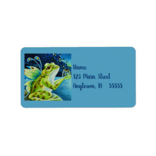 Whimsique Fairy Frog & Fireflies Watercolor Art Adressetikett