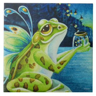Whimsique Fairy Frog & Fireflies Watercolor Art Kakelplatta
