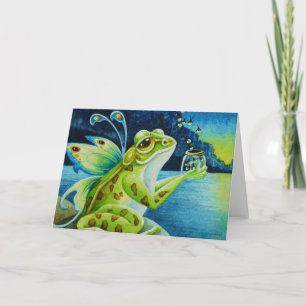 Whimsique Fairy Frog & Fireflies Watercolor Art Kort