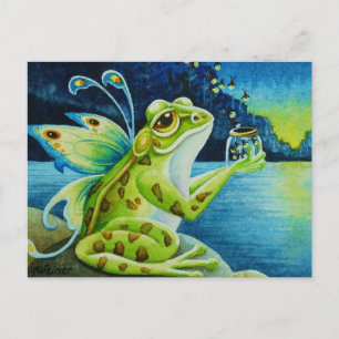 Whimsique Fairy Frog & Fireflies Watercolor Art Vykort