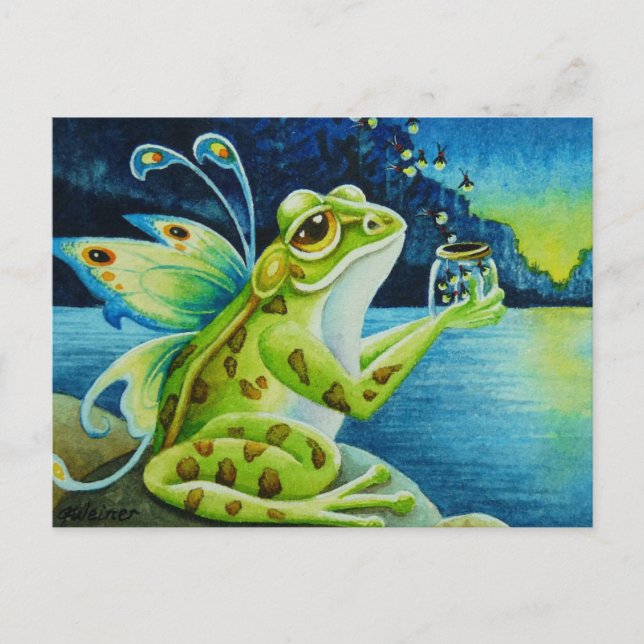 Whimsique Fairy Frog & Fireflies Watercolor Art  Vykort (Framsida)