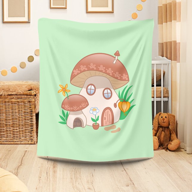 Whimsique Fairy Mushroom House-Grönt Fleecefilt (Skapare uppladdad)