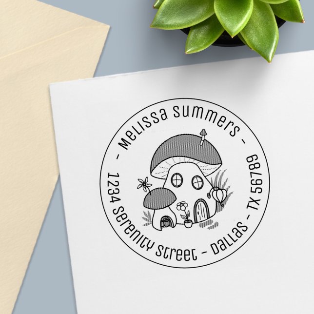 Whimsique Fairy Mushroom House Round Adress Självfärgande Stämpel (Skapare uppladdad)
