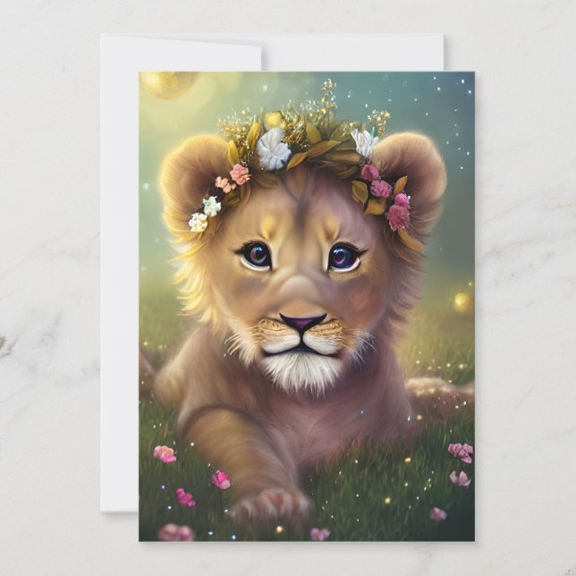 Whimsique Fantasy Cute Kawaii baby lejona unge Julkort (Framsida)