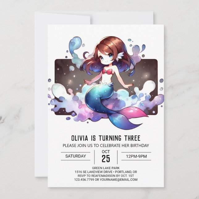 Whimsique Fantasy Sjöjungfru Birthday Inbjudningar (Framsida)