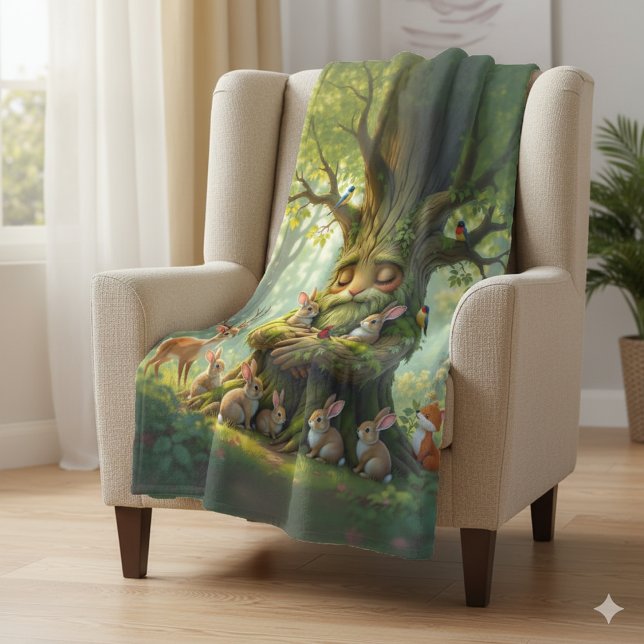 Whimsique Far Träd med Woodland Creates Fleecefilt (Father Tree with Woodland Creatures Fleece Blanket Cover Photo)