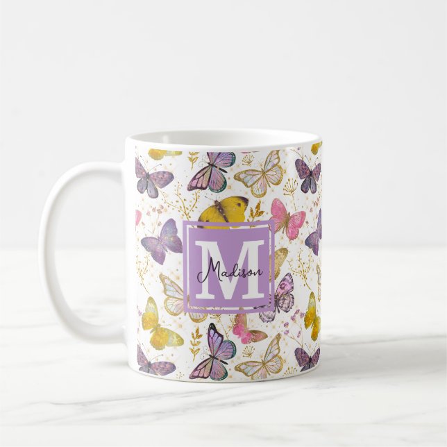 Whimsique faux gliitter Girly Butterflies Monogram Kaffemugg (Vänster)