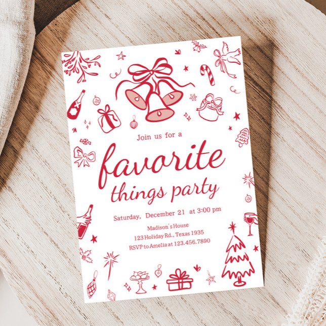 Whimsique Favorite Sak jul Party Inbjudningar (Hand Drawn Favorite Things Christmas Party Invitation)