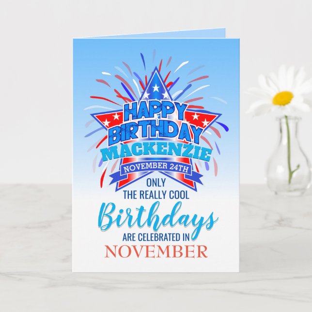 Whimsique Fireworks Born i november Birthday Kort (Liten växt)