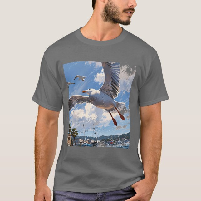 Whimsique Fiskmås med Sardine: Spelfull Illustrati T Shirt (Framsida)