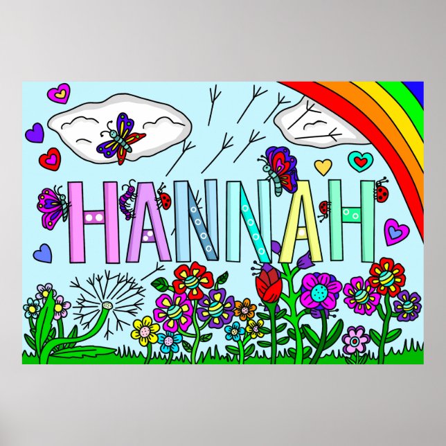 Whimsique Flowers and Girl's Namn Hannah Wall Art Poster (Framsidan)