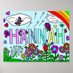 Whimsique Flowers and Girl's Namn Hannah Wall Art Poster