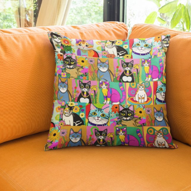 Whimsique Folk Art Stil Tecknad Cats Kudde (Skapare uppladdad)