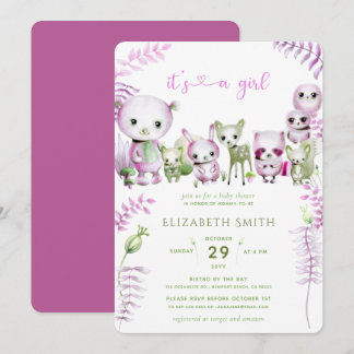 Whimsique Forest Bear Bunny Rosa Girl Baby Shower Inbjudningar