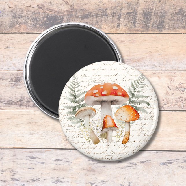 Whimsique Forest Mushroom Vintage Farmhouse Magnet (In situ, on wood floor)
