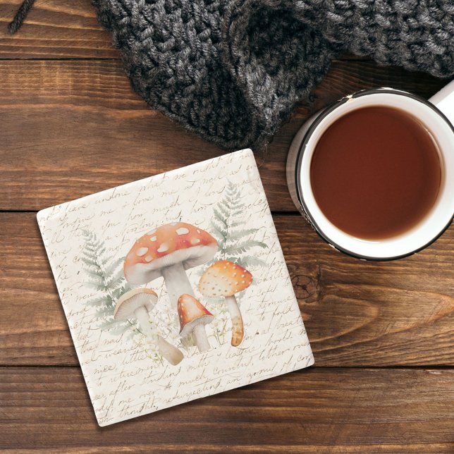 Whimsique Forest Mushroom Vintage Farmhouse Stenunderlägg (In situ, on wood table)