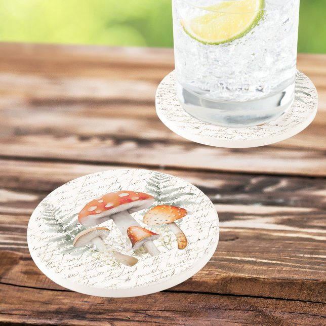 Whimsique Forest Mushroom Vintage Farmhouse Underlägg (In situ, on wood table)