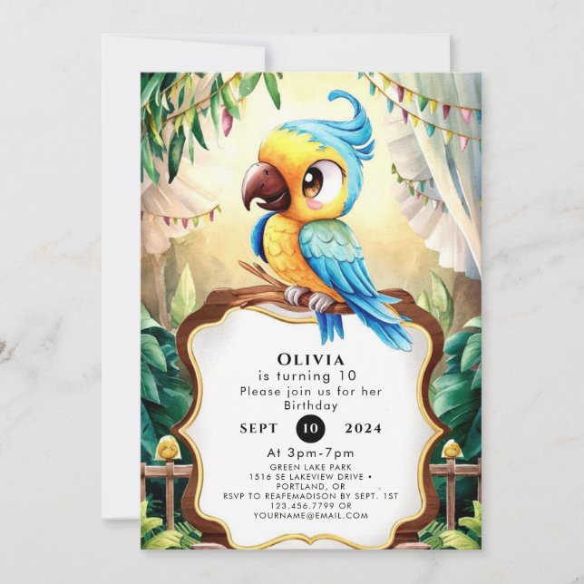 Whimsique Forest Parrot Birthday Inbjudningar (Framsida)